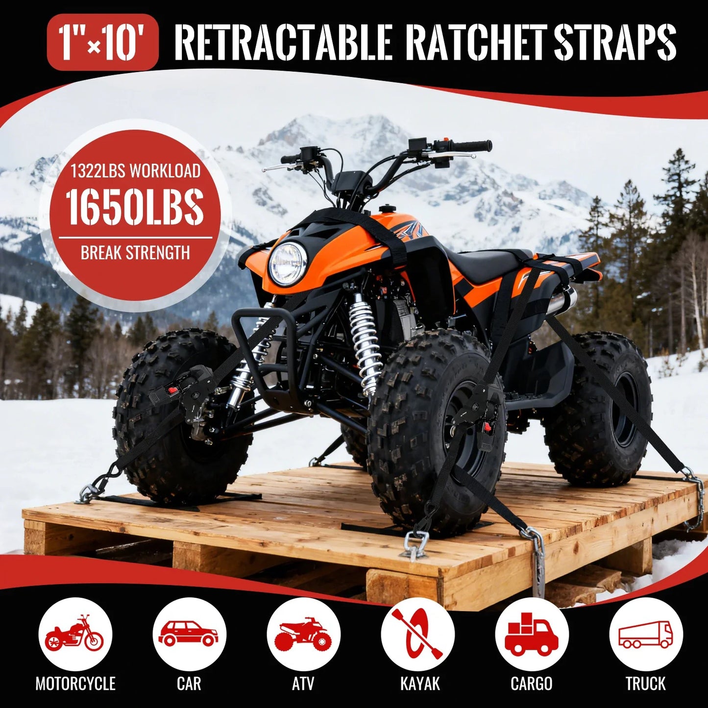1" x 10' Auto Retractable Ratchet Straps - 1650lbs Heavy Duty