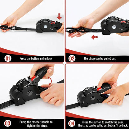 1" x 10' Auto Retractable Ratchet Straps - 1650lbs Heavy Duty