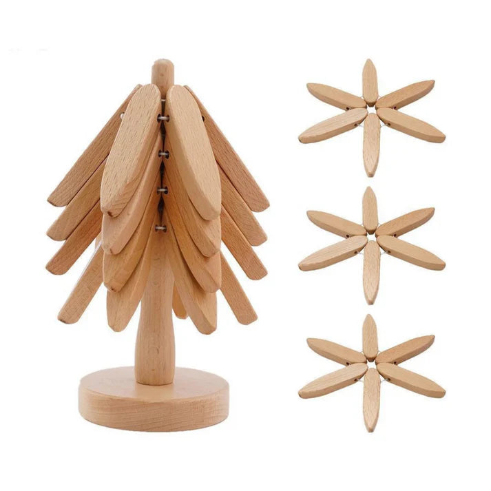 ✨Natural Tree Trivet Set - 4 bamoo Trivets & 1 Stand Like a Christmas Tree