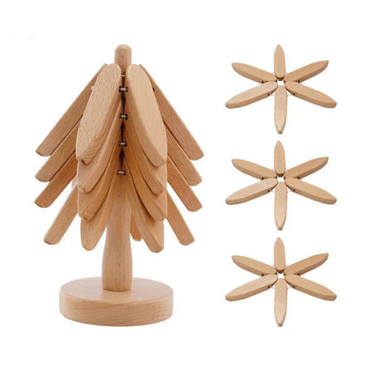 ✨Natural Tree Trivet Set - 4 bamoo Trivets & 1 Stand Like a Christmas Tree